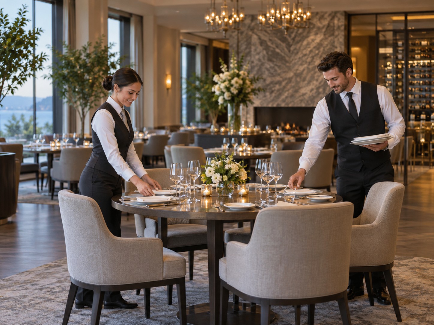 Elegant restaurant interior with warm lighting ready for dinner service